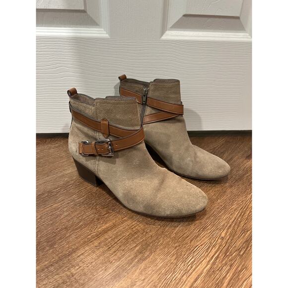 Coach Pauline Ankle Boots in Beige Suede/Tan Leather Women's Size 8 - Picture 1 of 10